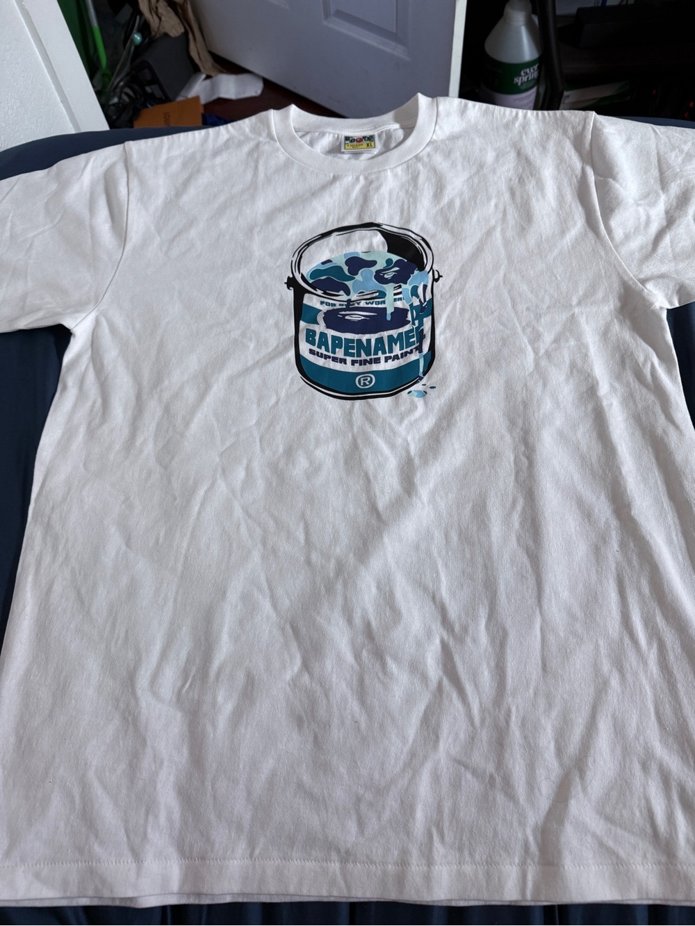 Bape White Tee with Teal & Navy Camouflage Paint Can Graphic